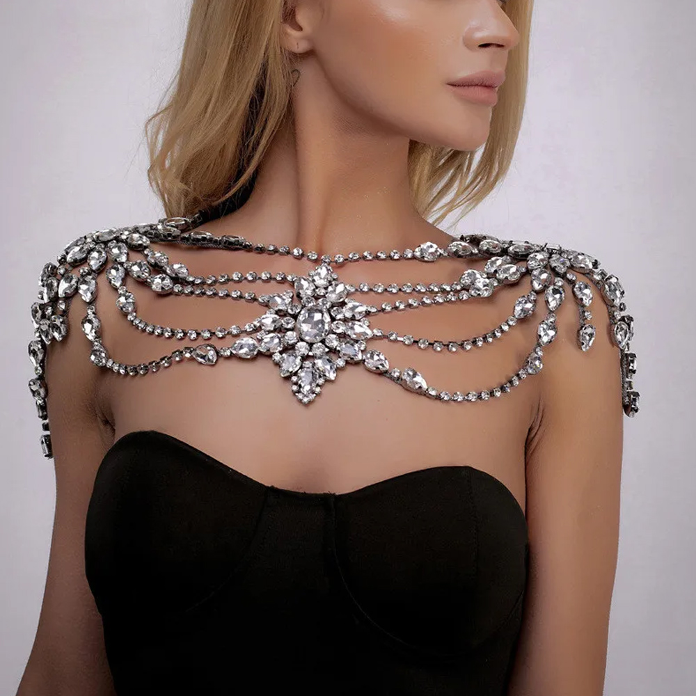 Pearl Trim Chain - Boho Kristall Braut Schulterkette Halskette Porm