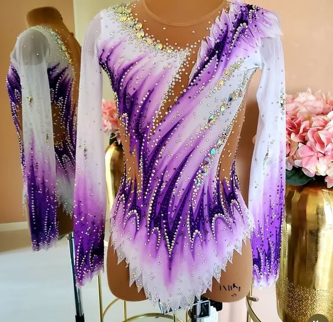 Rhinestone Banding Trim - Mädchen Lila-Weißes Rhythmische Gymnastik Trikot Langarm